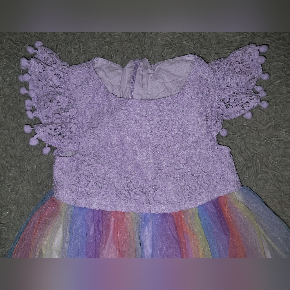 Colorful Purple Pom Pom Sleeve Rainbow Tulle Dress - Picture 2 of 6